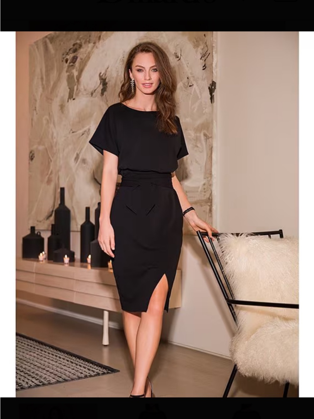 Kensie Black Midi Dress Faux Wrap Waist Tie Tulip Sleeve